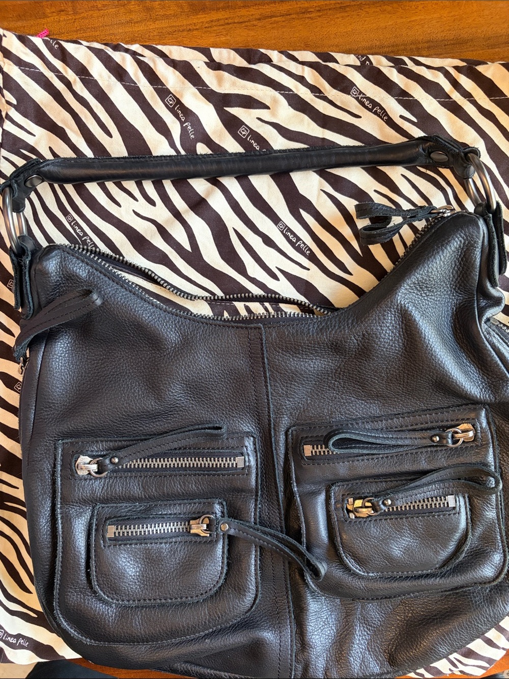 Linea Pelle Black Pebble Leather Hobo with Multiple Front Zip Pockets